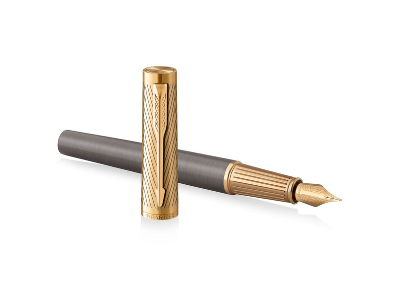 Parker Ingenuity  Pioneers Collection Fountain Pen | Grey Lacquer with Gold Cap & Trims | Fine Stainless Steel Nib | Black Ink a