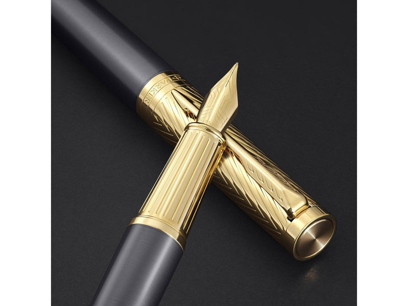 Parker Ingenuity  Pioneers Collection Fountain Pen | Grey Lacquer with Gold Cap & Trims | Fine Stainless Steel Nib | Black Ink a
