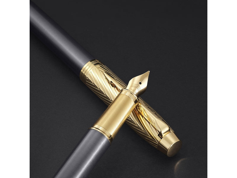 Parker IM  Pioneers Collection Fountain Pen | Grey Lacquer with Gold Cap & Trims | Fine Stainless Steel Nib | Blue Ink  | Gift B