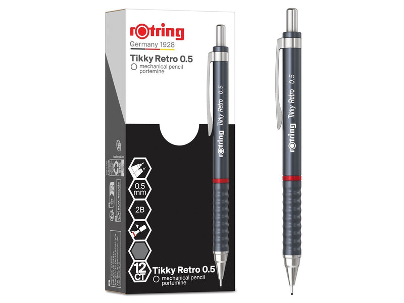 Rotring Tikky Retro Mechanical Pencils | 2B 0.5 mm | Grey Barrels | with Comfort Rippled Grip | 12 Count