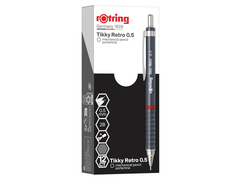 Rotring Tikky Retro Mechanical Pencils | 2B 0.5 mm | Grey Barrels | with Comfort Rippled Grip | 12 Count