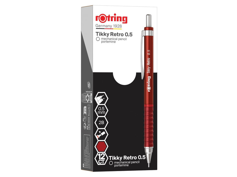 Rotring Tikky Retro Mechanical Pencils | 2B 0.5 mm | Red Barrels | with Comfort Rippled Grip | 12 Count