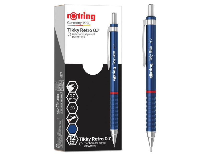 Rotring Tikky Retro Mechanical Pencils | 2B 0.7 mm | Blue Barrels | with Comfort Rippled Grip | 12 Count