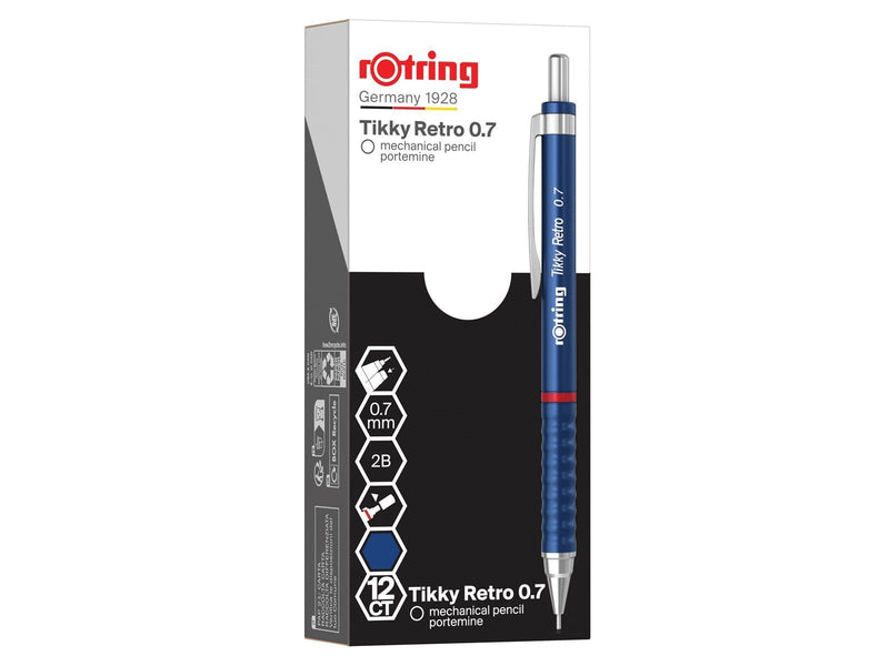 Rotring Tikky Retro Mechanical Pencils | 2B 0.7 mm | Blue Barrels | with Comfort Rippled Grip | 12 Count
