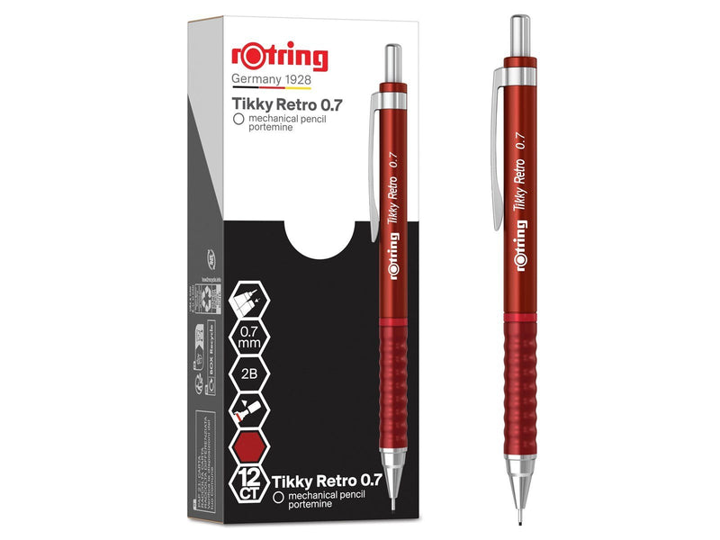 Rotring Tikky Retro Mechanical Pencils | 2B 0.7 mm | Red Barrels | with Comfort Rippled Grip | 12 Count