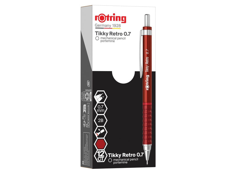 Rotring Tikky Retro Mechanical Pencils | 2B 0.7 mm | Red Barrels | with Comfort Rippled Grip | 12 Count