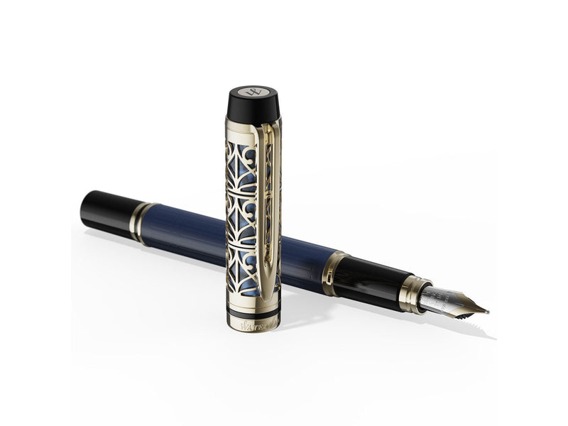 Waterman Man Bleu de Paris Limited Edition Fountain Pen Blue Lacquer barrel with Light Gold Coated Cage and Trim 18K gold Medium