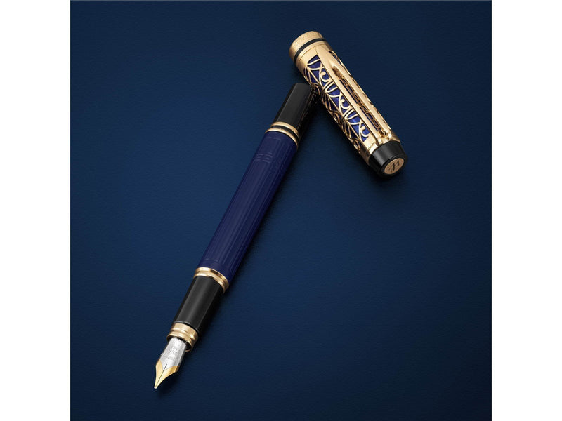 Waterman Man Bleu de Paris Limited Edition Fountain Pen Blue Lacquer barrel with Light Gold Coated Cage and Trim 18K gold Medium