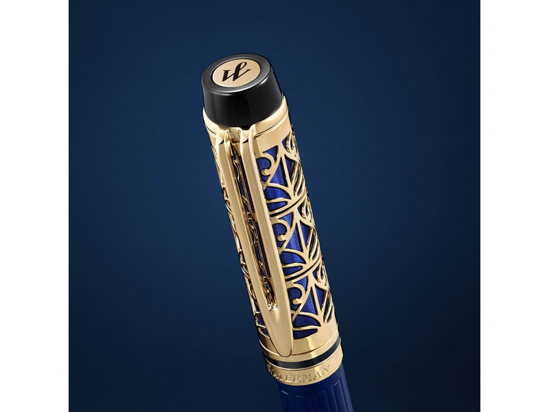 Waterman Man Bleu de Paris Limited Edition Fountain Pen Blue Lacquer barrel with Light Gold Coated Cage and Trim 18K gold Fine N