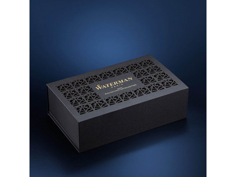 Waterman Man Bleu de Paris Limited Edition Fountain Pen Blue Lacquer barrel with Light Gold Coated Cage and Trim 18K gold Fine N
