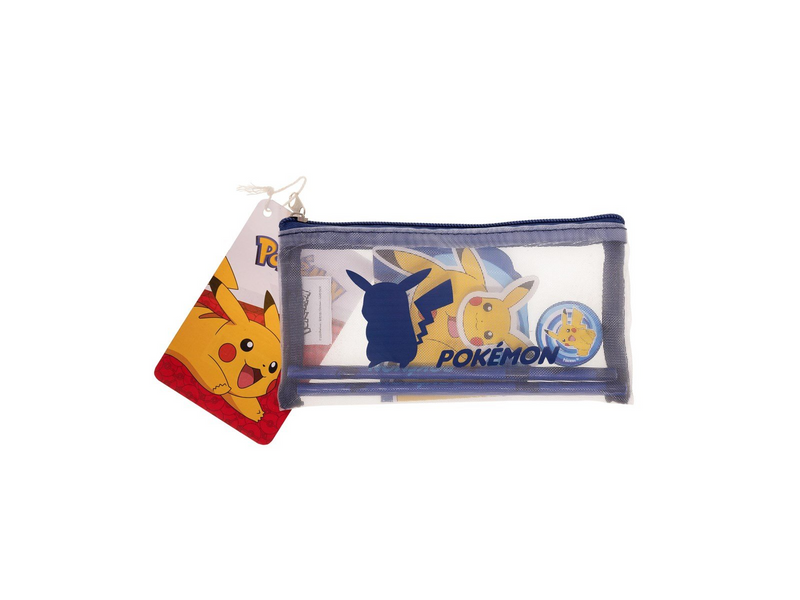 Euromic POKÉMON Filled MESH pencil pouch w/stationery articles:  2 triangular pencils 1 round sharpener 1 shaped eraser 1 shaped
