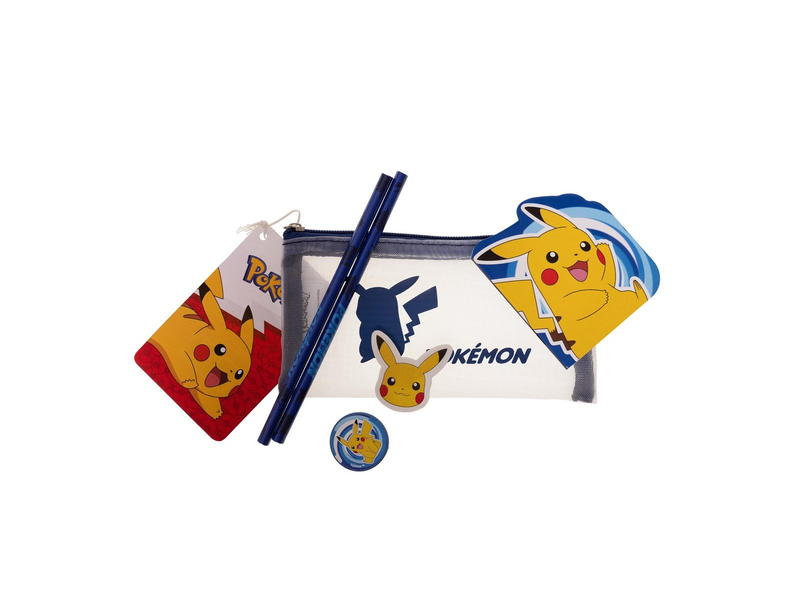 Euromic POKÉMON Filled MESH pencil pouch w/stationery articles:  2 triangular pencils 1 round sharpener 1 shaped eraser 1 shaped