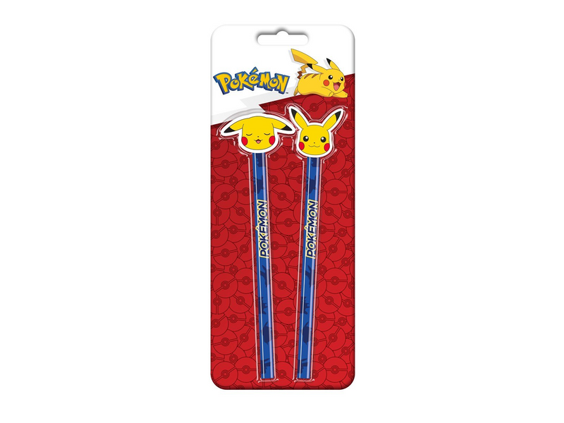 Euromic POKÉMON 2-pack pencils w/2 eraser toppers - triangular pencils unsharpened each with eraser topper packed on blistercard
