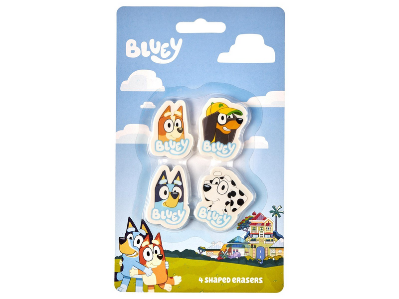 Euromic Bluey 4-pack erasers - 4 shaped erasers packed in acetate box with eurohole (size of box 5.2 x 16 cm) CE & 0-3 years pic