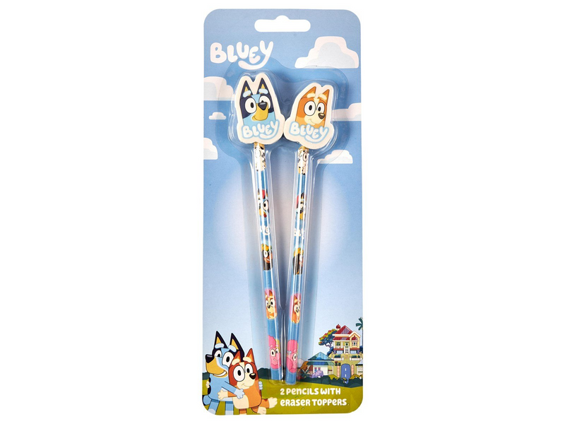 Euromic Bluey 2-pack pencils w/2 eraser toppers - triangular pencils unsharpened each with eraser topper packed on blistercard w