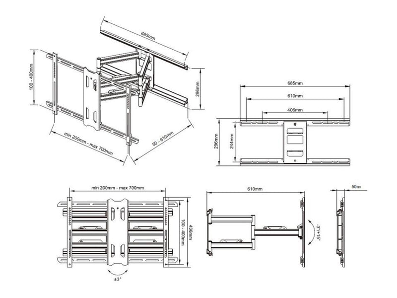 Multibrackets M Universal Flexarm Pro 60 kg Heavy Duty Black 60 kg 80" From 200 x 100 mm