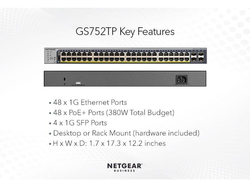 Netgear GS752TPv2 48-Port Gigabit Ethernet PoE+ Smart Switch with 4 SFP Ports and Cloud Management