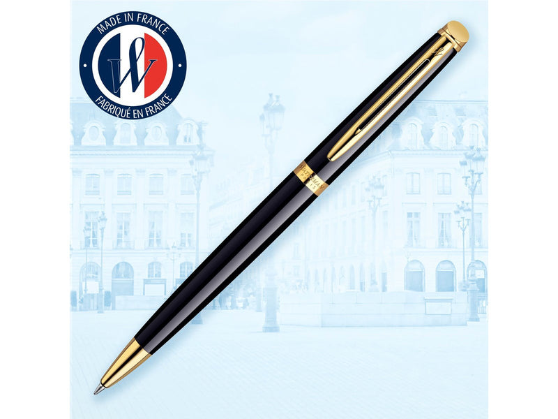 Waterman Hémisphère Kugelschreiber | Hochglänzend Schwarz mit Zierteile aus 23 K Gold | Mittlere Spitze | Blaue Tinte | Geschenk