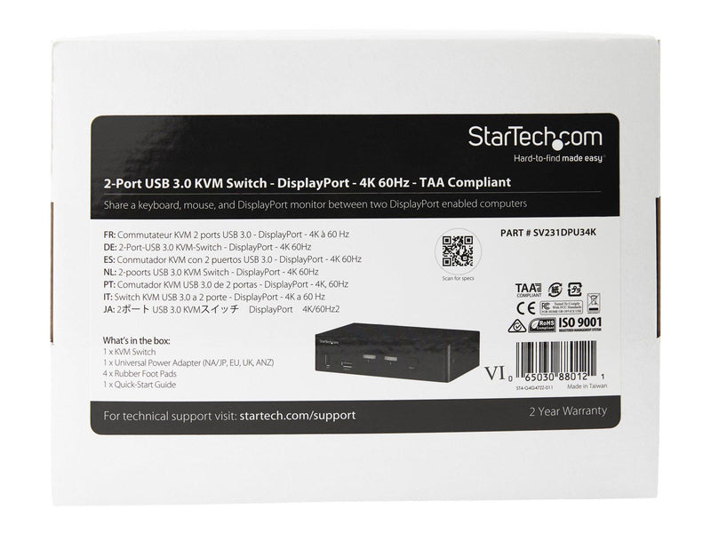 StarTech.com 2-Port DisplayPort KVM Switch - 4K 60Hz - TAA Compliant - KVM / audio / USB switch - 2 ports