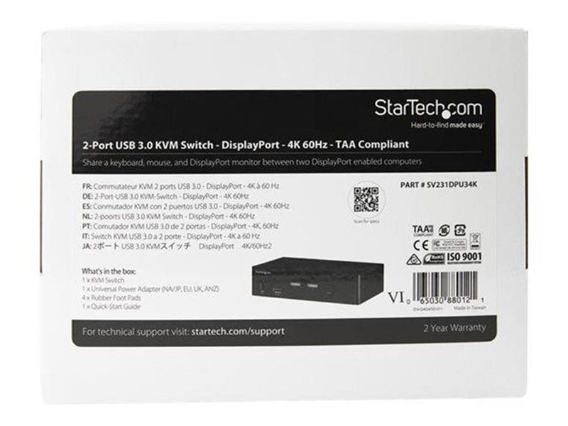 StarTech.com 2-Port DisplayPort KVM Switch - 4K 60Hz - TAA Compliant - KVM / audio / USB switch - 2 ports