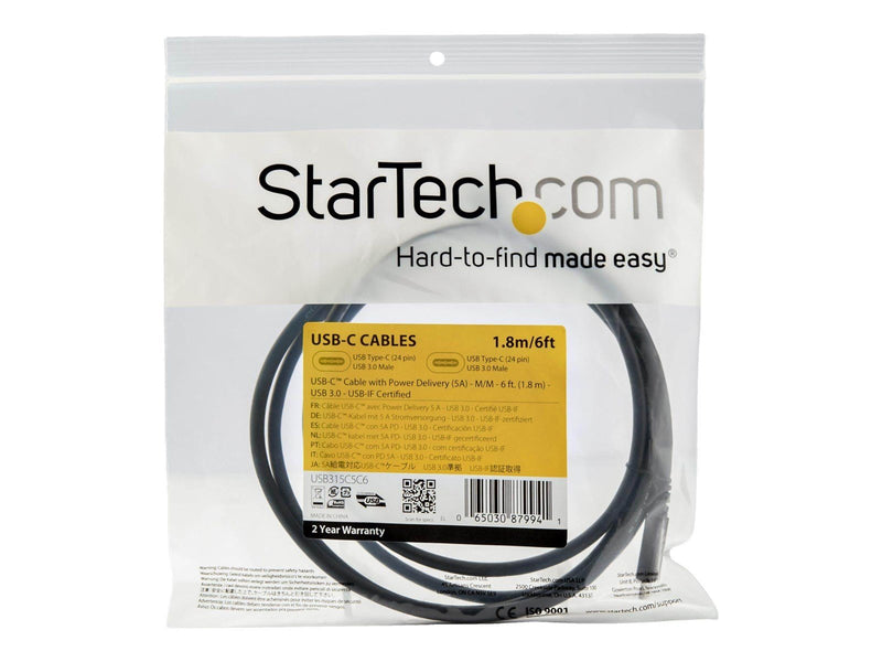 StarTech.com 6ft USB C Cable with 5A PD - USB 3.0 5Gbps - USB-IF Certified - USB-C cable - 1.8 m
