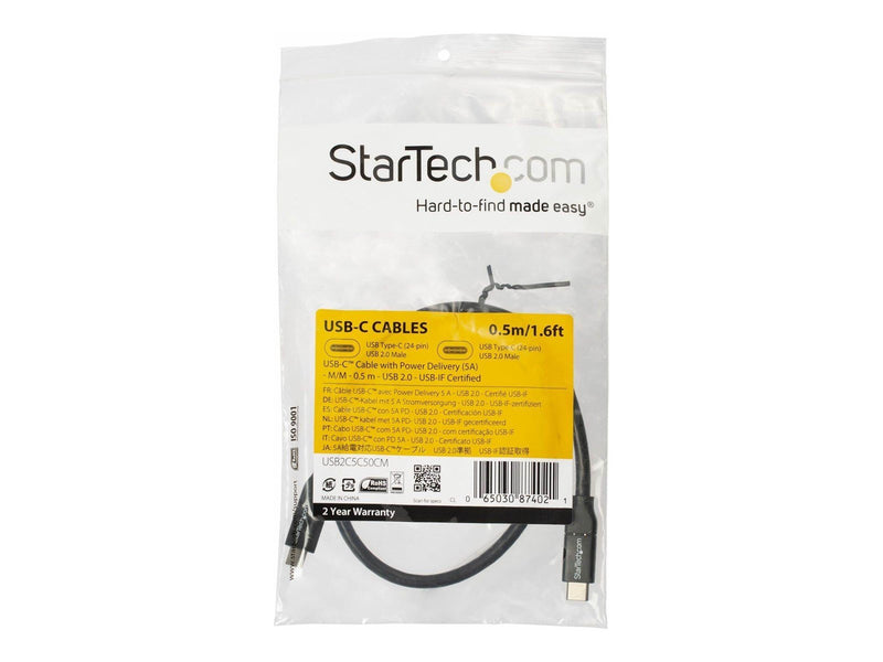 StarTech.com 0.5m USB C to USB C Cable - 5A PD - USB 2.0 USB-IF Certified - USB-C cable - 50 cm