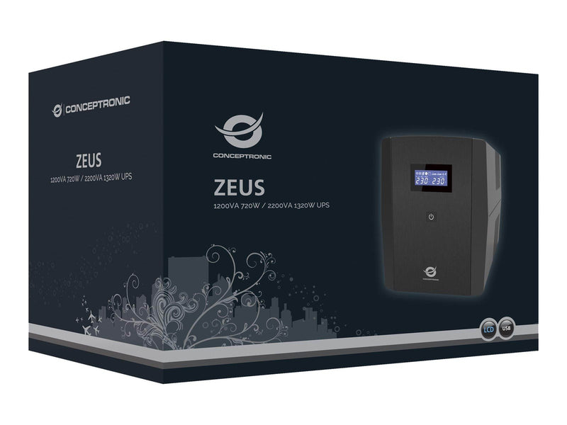 Conceptronics ZEUS03EM UPS 1200VA / 720W HID USB AVR Outputs: (IEC x 3 Schuko x 2)