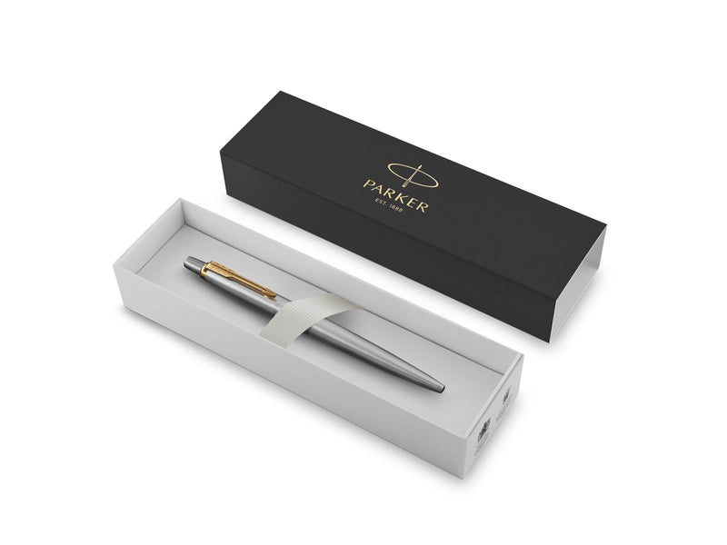 Parker Jotter Kugelschreiber | Edelstahl mit Goldzierteile | Mittlere Spitze | Blaue Tinte | Geschenkbox