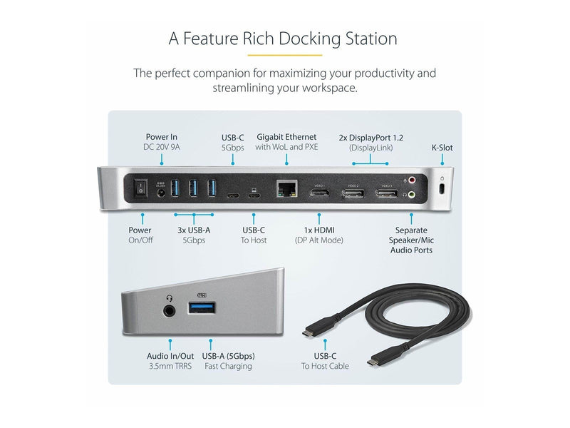StarTech.com Triple-Monitor 4K USB-C Dock with 5x USB 3.0 Ports - 100W PD - docking station - HDMI DP