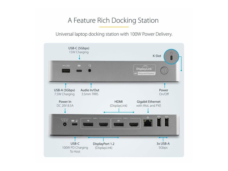 StarTech.com Universal Laptop Docking Station USB-C & USB 3.0 2x4K 100W PD - docking station - 2 x HDMI 2 x DP