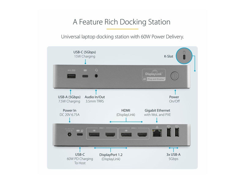 StarTech.com Universal Laptop Docking Station - USB-C & USB 3.0 2x4K 60W PD - docking station - 2 x HDMI 2 x DP