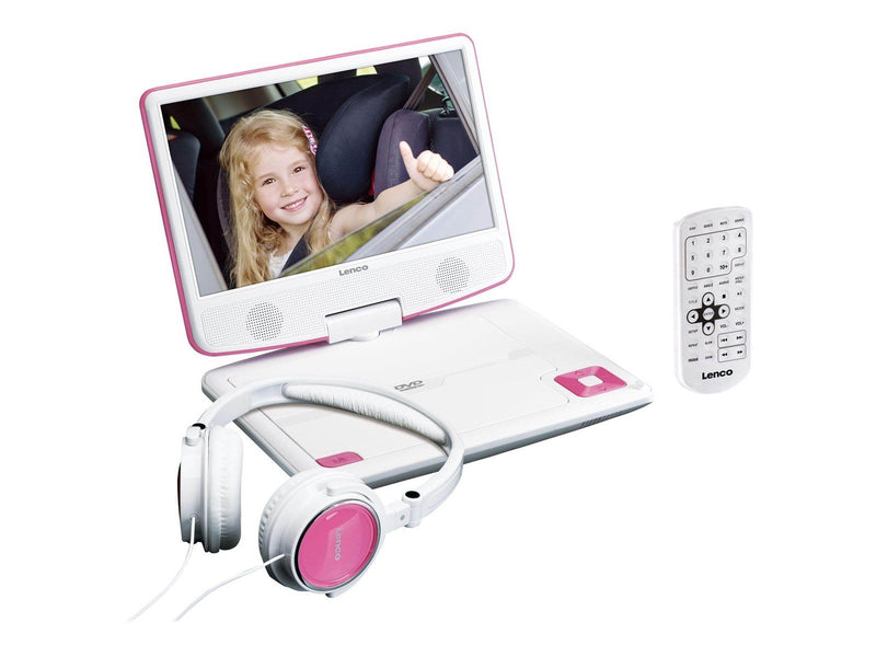 Lenco DVP-910PK - Portable 9" DVD player with USB headphones and mounting bracket - Pink/White