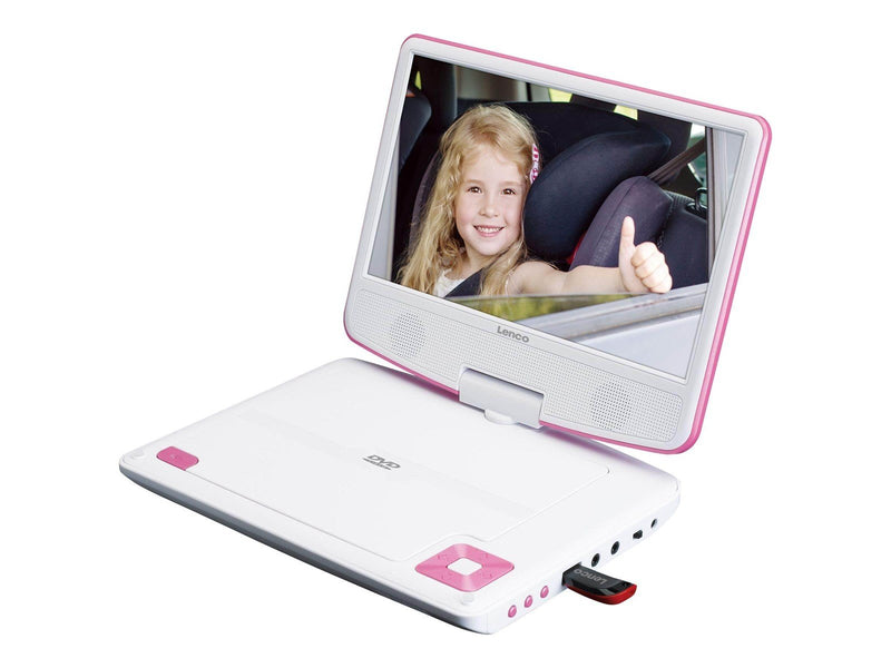 Lenco DVP-910PK - Portable 9" DVD player with USB headphones and mounting bracket - Pink/White