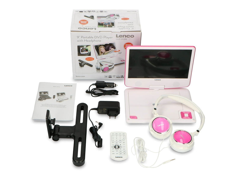 Lenco DVP-910PK - Portable 9" DVD player with USB headphones and mounting bracket - Pink/White