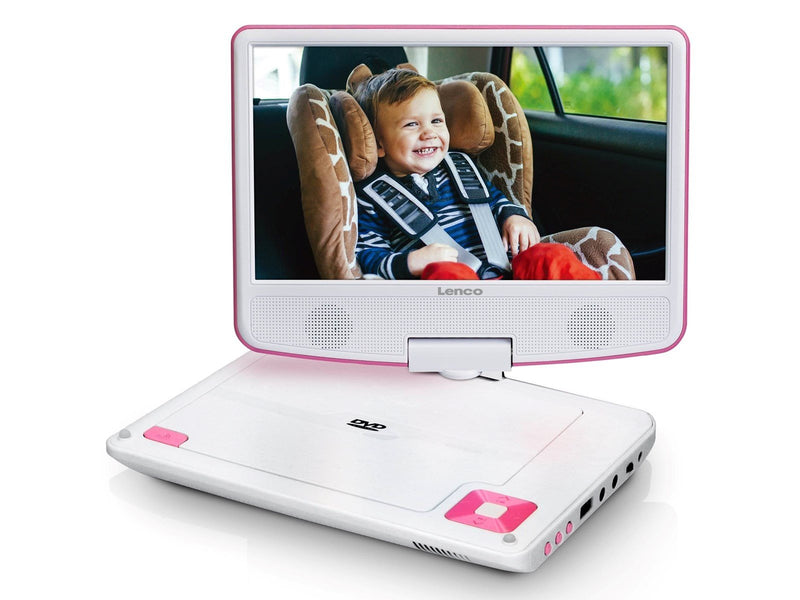 Lenco DVP-910PK - Portable 9" DVD player with USB headphones and mounting bracket - Pink/White