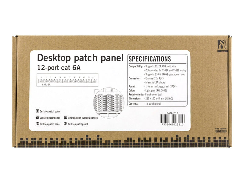 Deltaco PAN-212 Patch Panel 12xRJ45 Cat6a wall-mountable metal grey