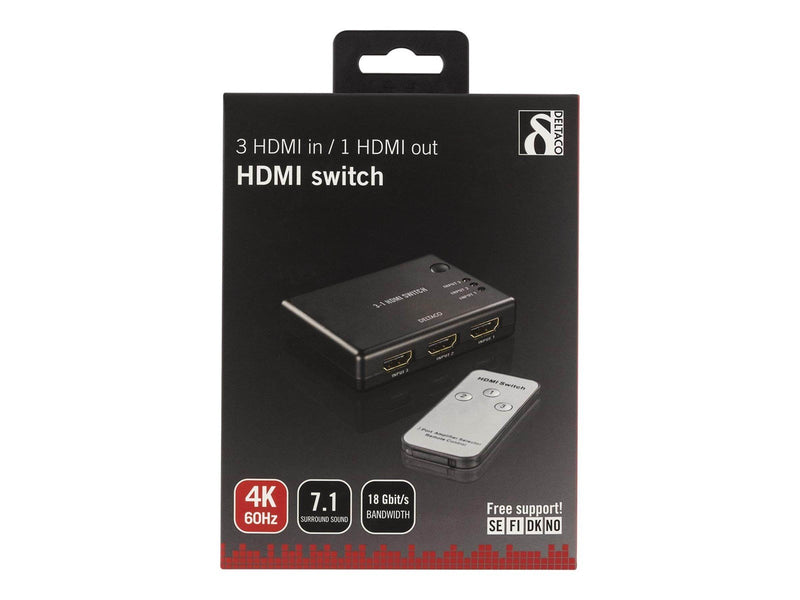 Deltaco HDMI Switch 3 inputs to 1 output sup 4K