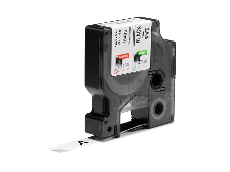 DYMO Rhino Industrie Permanente Polyesteretiketten | 12 mm x 5,5 m | Schwarz auf Weiß