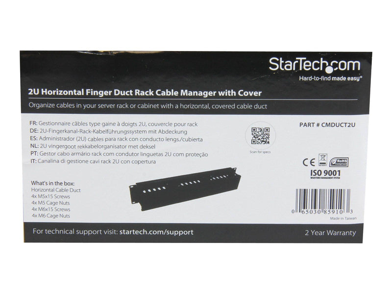 StarTech.com 2U Horizontal Finger Duct Rack Cable Management Panel with Cover - rack cable management panel - 2U