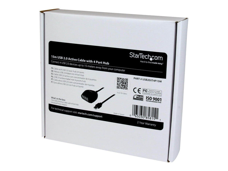 StarTech.com 15m USB 2.0 Active Cable with 4 Port Hub - hub - 4 ports USB-Hubs - 4 - Schwarz