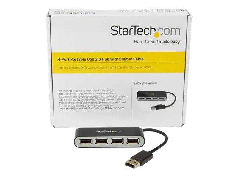 StarTech.com 4-Port Portable USB 2.0 Hub with Built-in Cable - hub - 4 ports USB-Hubs - 4 - silber