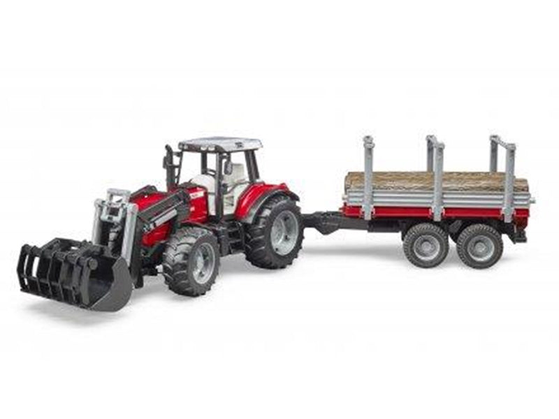 Bruder  Massey Ferguson 7480 tractor with frontloader and timber trailer toy