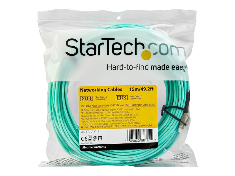 StarTech.com 15m OM3 LC to LC Multimode Duplex Fiber Optic Patch Cable - patch cable - 15 m - aqua - Blau - 15 meter
