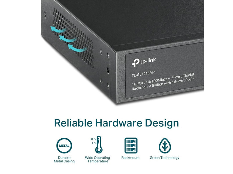 TP-Link TL-SL1218MP 16-Port 10/100 Mbps + 2-Port Gigabit Rackmount Switch with 16-Port PoE+