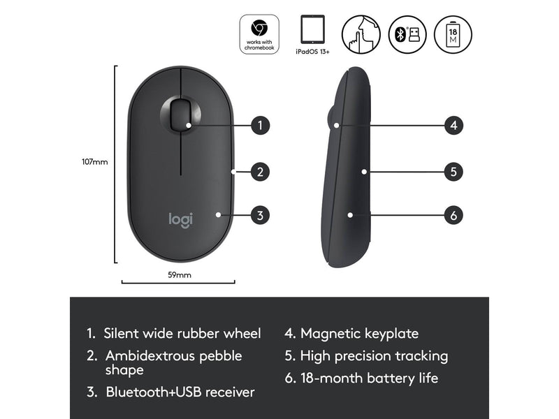 Logitech M350 Pebble Wireless Mouse - Graphite - Maus (Schwarz)
