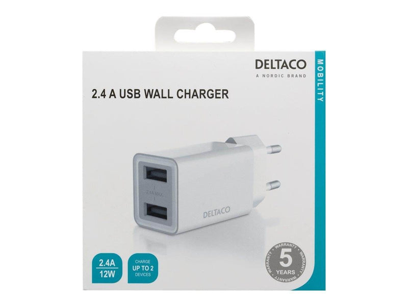 Deltaco USB wall charger 2x USB-A 2.4 A total 1