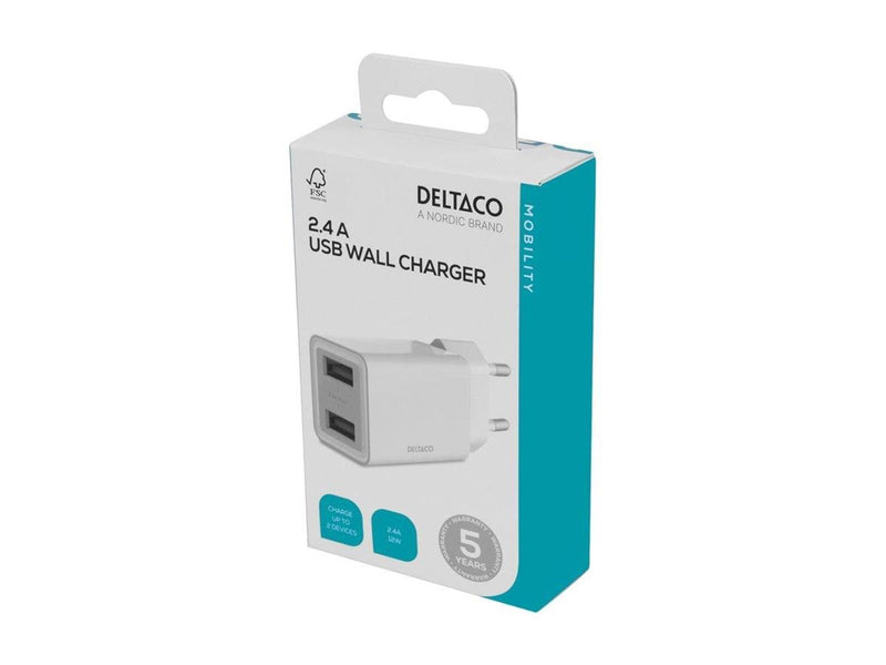 Deltaco USB wall charger 2x USB-A 2.4 A total 1