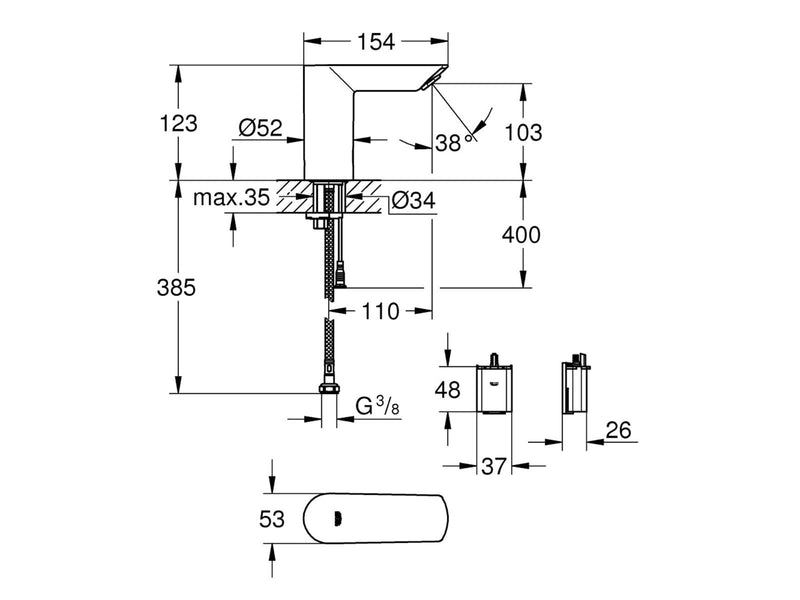 Grohe Bau Cosmopolitan E, Infrarot-Elektronik für Waschtisch, DN 15 ohne Mischung, chrom