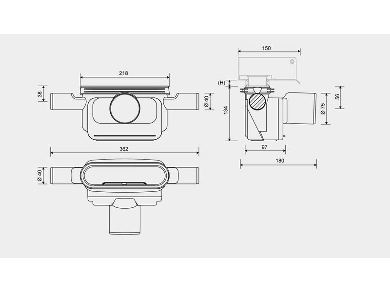 Unidrain Outlet unit w/horizontal outlet Ø75 mm incl. water trap and two horizontal side inlets Ø40/32 mm
