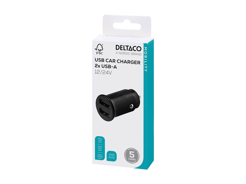 Deltaco 12/24 V USB car charger with compact size